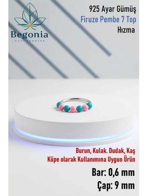 Begonia Accessories 925 Ayar Gümüş Piercing 7 Top Firuze Pembe Boncuklu Halka Hızma & Kıkırdak Küpe
