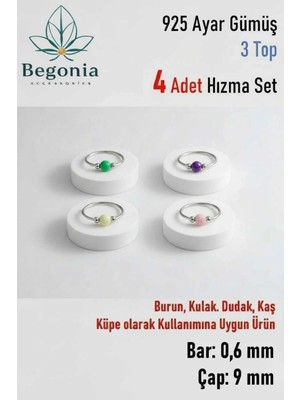Begonia Accessories 925 Ayar Gümüş 3 Top Boncuklu 4 Adet Halka Hızma Küpe Piercing Set