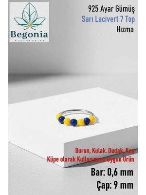 Begonia Accessories 925 Ayar Gümüş Piercing 7 Top Sarı Lacivert Boncuklu Halka Hızma & Kıkırdak Küpe