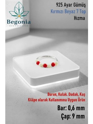 Begonia Accessories 925 Ayar Gümüş Piercing 7 Top Kırmızı Beyaz Boncuklu Halka Hızma & Kıkırdak Küpe