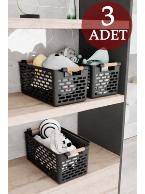 3'lü Siyah Ahşap Görünümlü Çok Amaçlı Sepet Organizer Seti