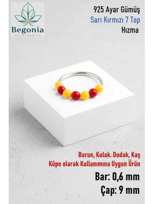 Begonia Accessories 925 Ayar Gümüş Piercing 7 Top Sarı Kırmızı Boncuklu Halka Hızma & Kıkırdak Küpe