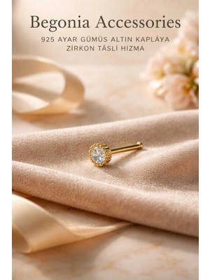Begonia Accessories 925 Ayar Gümüş Zirkon Taşlı Gold Tek Taş Tırnaklı Hızma Piercing