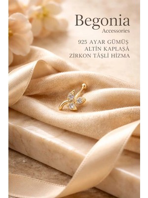 Begonia Accessories 925 Ayar Gümüş Zirkon Taşlı Gold Üç Yaprak Hızma Piercing