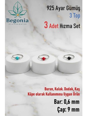 Begonia Accessories 925 Ayar Gümüş 3 Top Boncuklu 4 Adet Halka Hızma Küpe Piercing Set