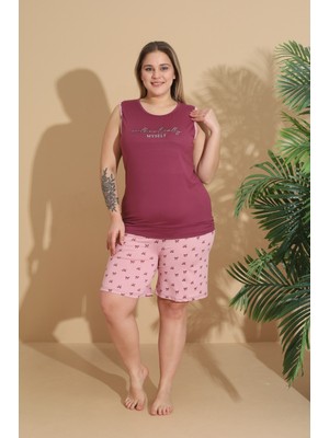 Temporium Kadın Milan Kumaş Büyük Beden Curve Baskılı Desenli Şortlu Pijama Takımı