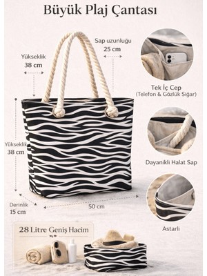 Büyük Boy Monokrom Desenli Plaj Çantası 28 Litre Halat Saplı Iç Cepli Çok Şık