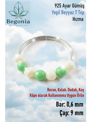 Begonia Accessories 925 Ayar Gümüş Piercing 7 Top Yeşil Beyaz Boncuklu Halka Hızma & Kıkırdak Küpe