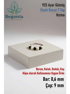 Begonia Accessories 925 Ayar Gümüş Piercing 7 Top Siyah Beyaz Boncuklu Halka Hızma & Kıkırdak Küpe
