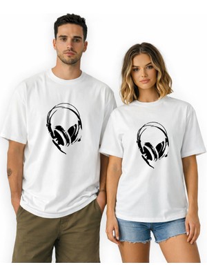 Kidilia Kulaklık Görselli Unisex Bisiklet Yaka Tasarım Tshirt - Beden: Lrenk: Beyaz