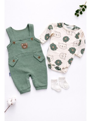 UmBaby Erkek Bebek 3’lü Salopet Takım – Ayıcık Desenli Body Çorap Bebek Kombini (3-6-9 Ay)