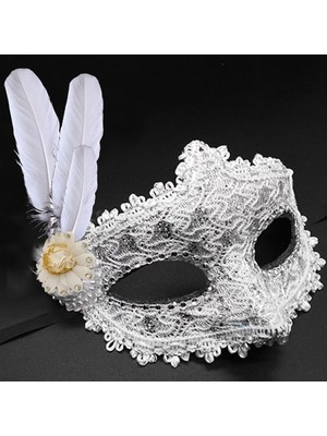 Die Grup Beyaz Renk Tüylü Dantelli Gözleri Taşlı Balo Parti Maskesi (5477)