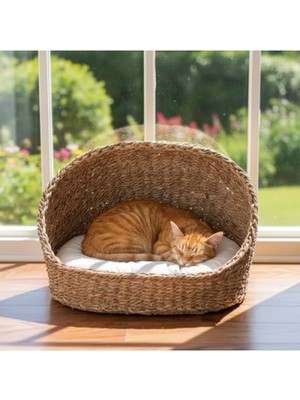 MarkEntegra Oval Gölgelikli Hasır Kedi ve Köpek Yatağı - 46X35 cm