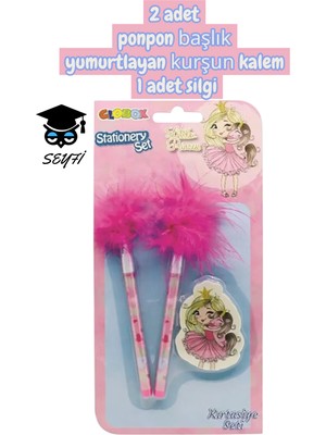 2 Adet Ponpon Başlık Yumurtlayan Kurşun Kalem 1 Adet Silgi