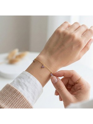 Vaoov 925 Ayar Gümüş Mor Taşlı Gold Kelebek Bileklik