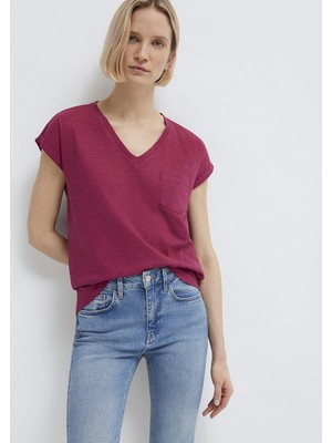 Mavi V Yaka Pembe Basic Tişört 1600961-70919