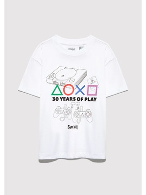 Mavi Playstation Baskılı Beyaz Tişört 6610423-620