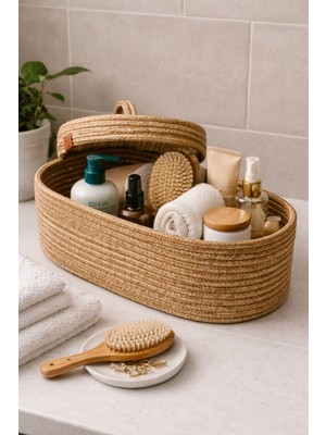 El Işlemeli Jüt Hasır Oval Kapaklı Organizer Sepet