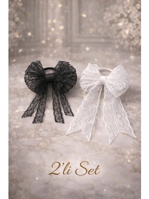Nati Co Siyah & Beyaz Dantel Fiyonk Lastik Toka 2’li Set – Zarif Kız Çocuk Saç Aksesuarı