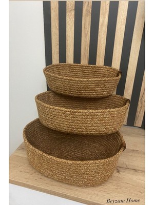 El Dokuma Oval Hasır Sepet 3'lü, Banyo ve Mutfak Organizatörü