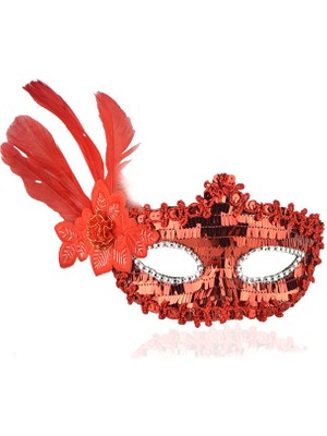 Zenvia Kırmızı Payetli Pullu Kırmızı Renk Yandan Tüylü Parti Maskesi 18X22 cm (4887) ZNVA-GO3146