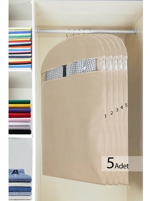 5'li Bej Pencere Detaylı Elbise Kılıfı, Dolap Düzenleyici Organizer