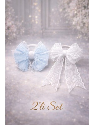 Nati Co Mavi & Beyaz Dantel Fiyonk Lastik Toka 2’li Set – Zarif Kız Çocuk Saç
