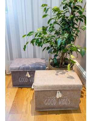 Mini Keçe Kapaklı Kutu Seti, 35X23X23CM, 2 Renkli Bej ve Gri