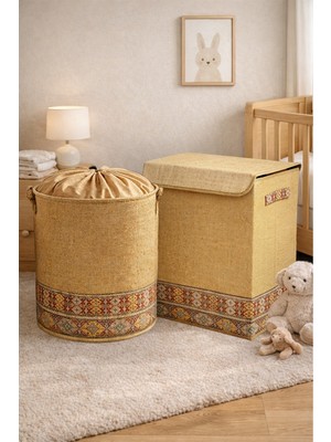 Etnik Bohem Jüt Set, Büyük Kutu ve Fileli Sepet Dekoratif Organizatör