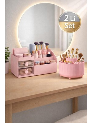 Çekmeceli 360° Dönen 5 Bölmeli Makyaj Organizeri, Pembe Ikili Set