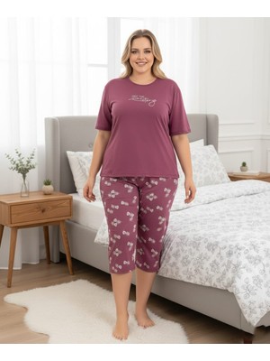 Temporium Kadın Curve Büyük Beden Milan Kumaş Kapri Kısa Kollu Pijama Takımı