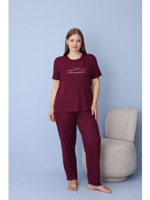 Temporium Kadın Büyük Beden Baskılı Kısa Kollu Dublin Kumaş Örme Pijama Takımı