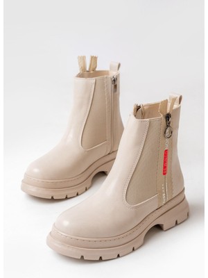 Zerenyus ZRİN-086 Premium Bej Fashion Aksesuarlı Fermuarlı Günlük Kadın Bot