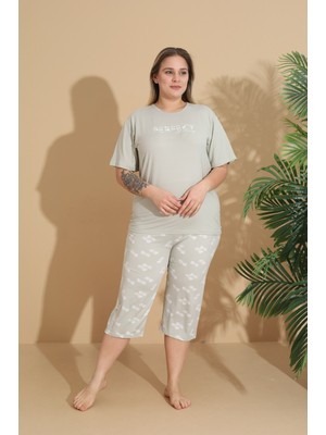 Temporium Kadın Curve Büyük Beden Milan Kumaş Kapri Kısa Kollu Pijama Takımı