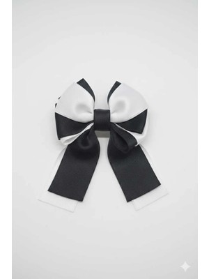 Nati Co Siyah & Beyaz Kurdele Fiyonk Saç Tokası | Zarif Lastik Toka ( 1 Adet )