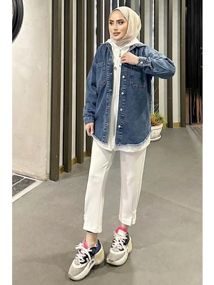 MiraLive Koyu Mavi Kar Yıkama Püskül Detay Kot Ceket Oversize
