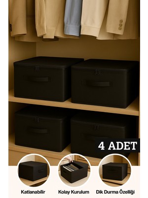 4'lü Büyük Boy Siyah Katlanabilir Saklama ve Düzenleme Kutusu
