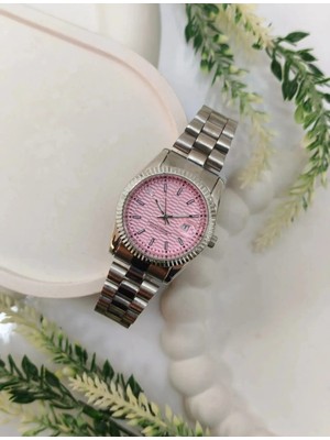 Gümüş Renkli Lüks Kadın Kol Saati - Pembe Kadranlı