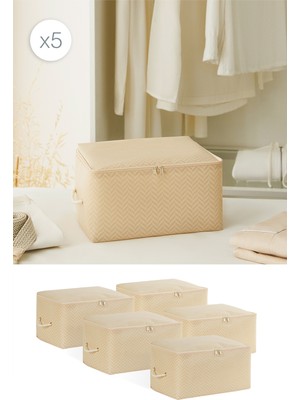 5'li Bej Balıksırtı Baza Altı Valiz Düzenleyici Seti 30X22X18