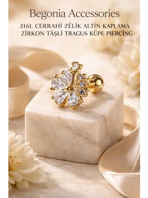 Begonia Accessories 316L Cerrahi Çelik Altın Kaplama Kararmaz Alerji Yapmaz Zirkon Taş Figür Unisex Tragus Küpe Piercing