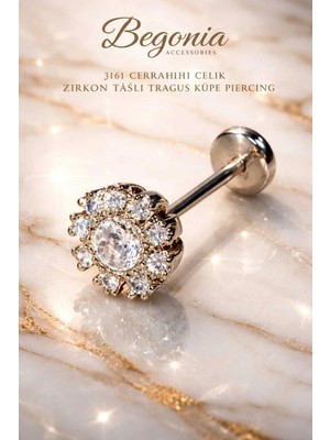 Begonia Accessories 316L Cerrahi Çelik Paslanmaz Kararmaz Alerji Yapmaz Zirkon Taşlı Figürlü Unisex Tragus Küpe Piercing