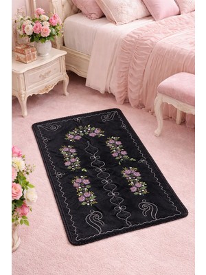 Dilex DİLEX Çeyizlik Makine İşi Nakışlı Seccade Siyah Mor Nakışlı Etamin Kumaş Seccade 120x73 cm