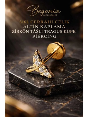 Begonia Accessories 316L Cerrahi Çelik Altın Kaplama Kararmaz Alerji Yapmaz Zirkon Taş Figür Unisex Tragus Küpe Piercing