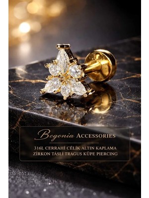 Begonia Accessories 316L Cerrahi Çelik Altın Kaplama Kararmaz Alerji Yapmaz Zirkon Taş Figür Unisex Tragus Küpe Piercing