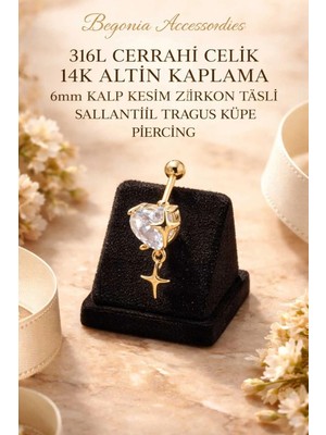 Begonia Accessories 316L Cerrahi Çelik Altın Kaplama Kararmaz Alerji Yapmaz Zirkon Taş Figür Unisex Tragus Küpe Piercing
