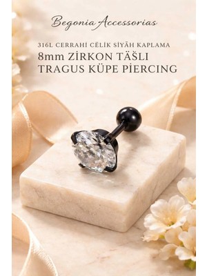 Begonia Accessories 316L Cerrahi Çelik Siyah Kaplama Alerji Yapmaz Zirkon Taş Figür Unisex Tragus Küpe Piercing