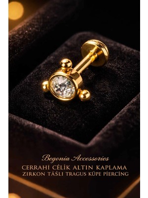 Begonia Accessories 316L Cerrahi Çelik Altın Kaplama Kararmaz Alerji Yapmaz Zirkon Taş Figür Unisex Tragus Küpe Piercing