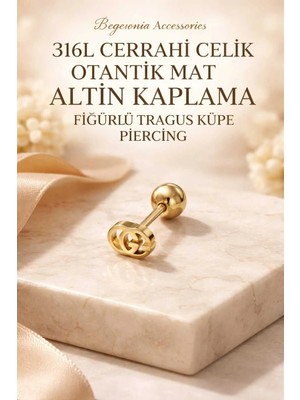 Begonia Accessories 316L Cerrahi Çelik Altın Kaplama Kararmaz Alerji Yapmaz Zirkon Taş Figür Unisex Tragus Küpe Piercing