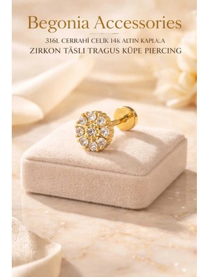 Begonia Accessories 316L Cerrahi Çelik Altın Kaplama Kararmaz Alerji Yapmaz Zirkon Taş Figür Unisex Tragus Küpe Piercing