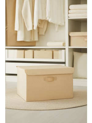 Bej Kapaklı Çok Amaçlı Katlanır Saklama Kutusu 48X40X30